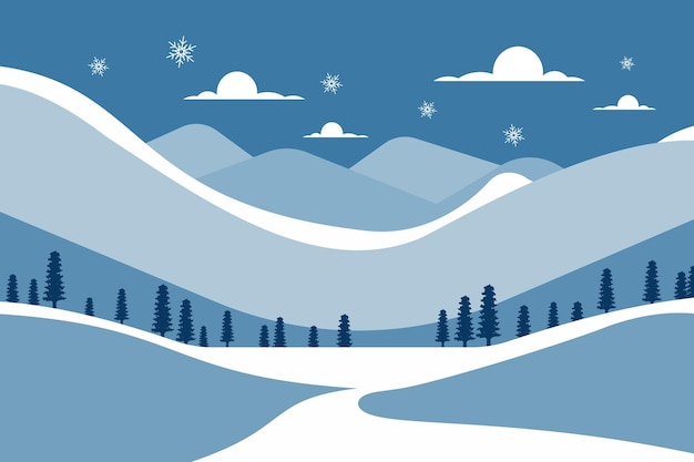hermoso paisaje azul de invierno naturaleza con árbol de copos de nieve montaña para la ilustración del cartel de pancarta