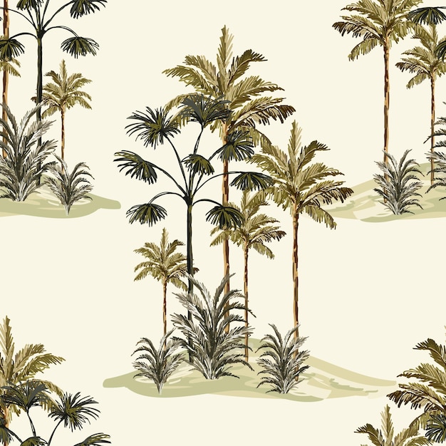 Hermoso paisaje botánico vintage tropical palmera plátano árbol planta floral frontera sin costuras