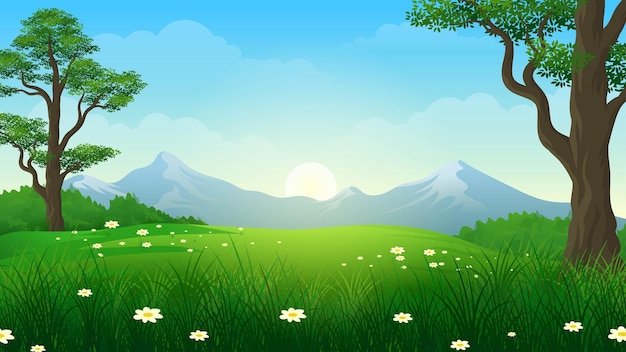 Hermoso paisaje de campos con un amanecer colinas verdes cielo brillante ilustración de dibujos animados