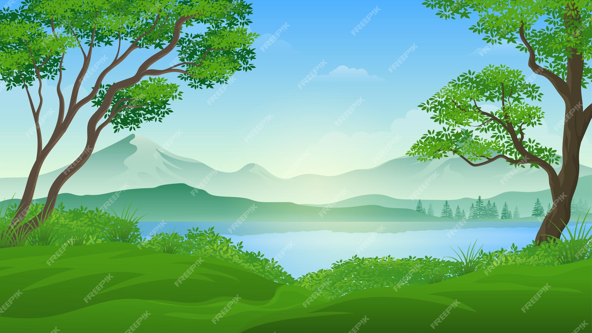 Hermoso paisaje de campos de verano con ilustración de dibujos animados de lago | Vector Premium Hermoso paisaje de campos de verano con ilustración de dibujos animados de lago | Vector Premium