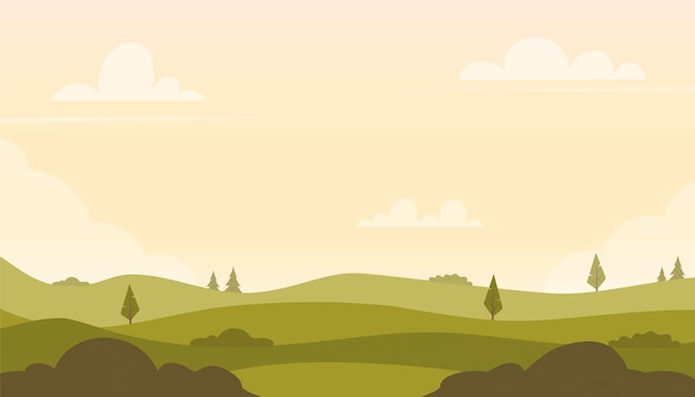 Hermoso paisaje de campos con verdes colinas árboles arbustos Paisaje rural en los cálidos colores del amanecer Fondo de campo para animación de banner Vector ilustración plana