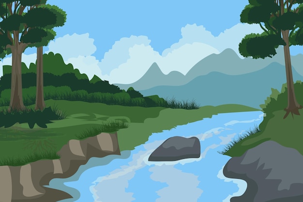 Hermoso paisaje colorido río lado naturaleza escena diseño plano fondo plantilla vector