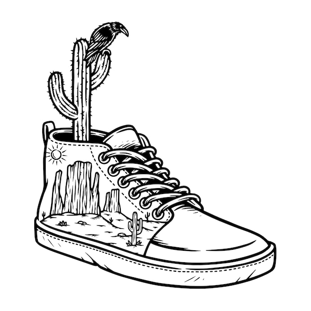 hermoso paisaje desértico en la ilustración de la línea de zapatos
