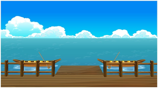 Vector hermoso paisaje fluvial y un barco está esperando a un pasajero para el fondo de dibujos animados.