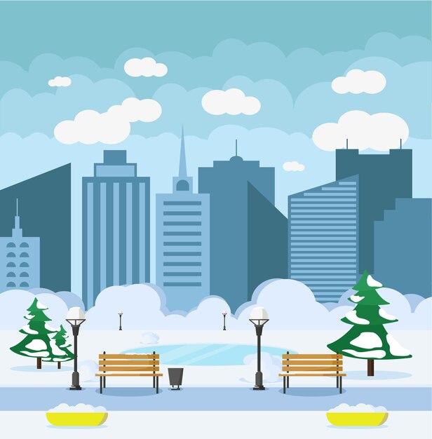 Vector hermoso paisaje invernal de una ciudad moderna. ilustración vectorial