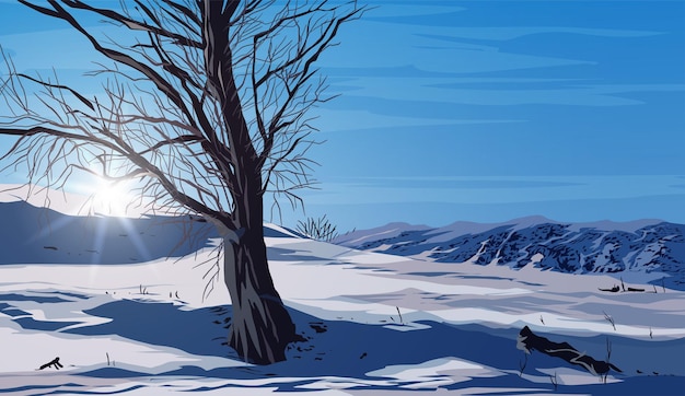 Vector hermoso paisaje invernal con hermoso árbol seco, campo de nieve blanca, montañas y grandes derivas en primer plano. paisaje de fondo.