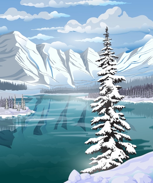 Vector hermoso paisaje invernal con un lago esmeralda, bosques, montañas y un gran abeto