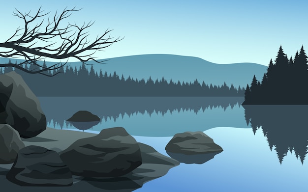 Vector hermoso paisaje del lago con rocas