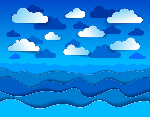 Hermoso paisaje marino en estilo de corte de papel, líneas curvas de olas y nubes en el cielo, perfecta ilustración vectorial moderna.