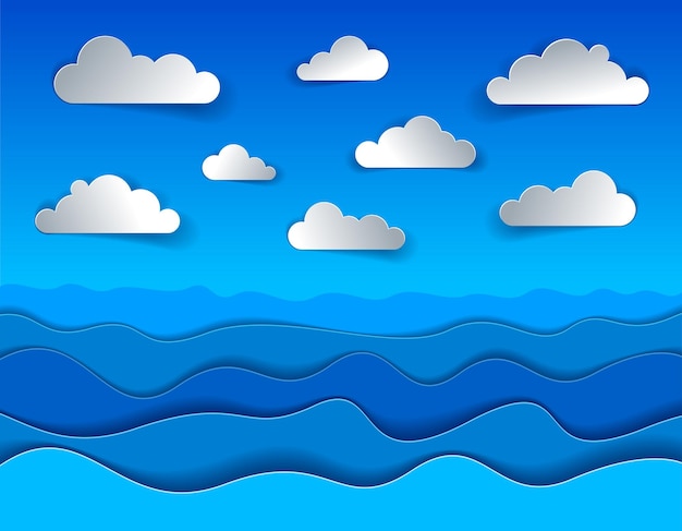 Hermoso paisaje marino en estilo de corte de papel, líneas curvas de olas y nubes en el cielo, perfecta ilustración vectorial moderna.