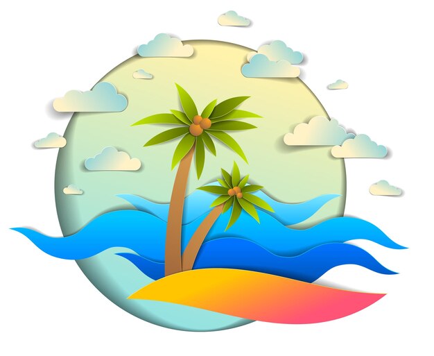 Hermoso paisaje marino con olas marinas, playa y palmeras, nubes en el cielo, ilustración vectorial en estilo de corte de papel, tema de vacaciones de verano en la playa.