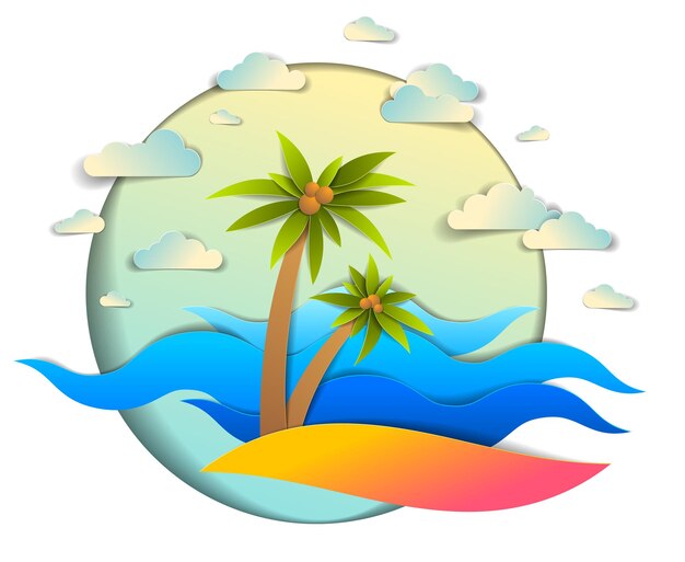 Vector hermoso paisaje marino con olas marinas, playa y palmeras, nubes en el cielo, ilustración vectorial en estilo de corte de papel, tema de vacaciones de verano en la playa.