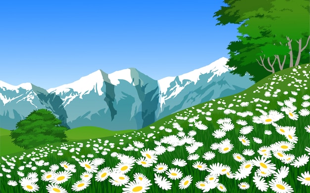 Vector hermoso paisaje de montaña con hierba verde y flores