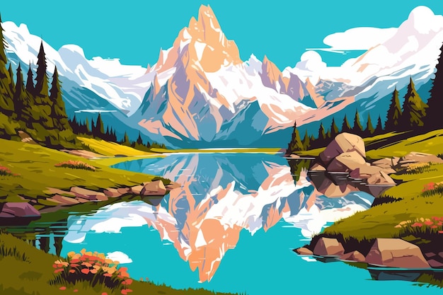 Vector hermoso paisaje de montaña con el lago