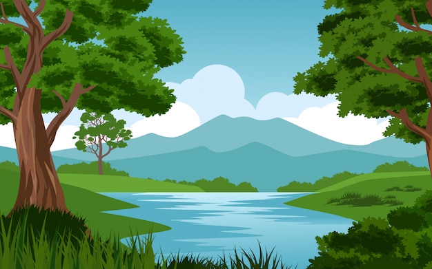 Hermoso paisaje en la montaña con río y árbol