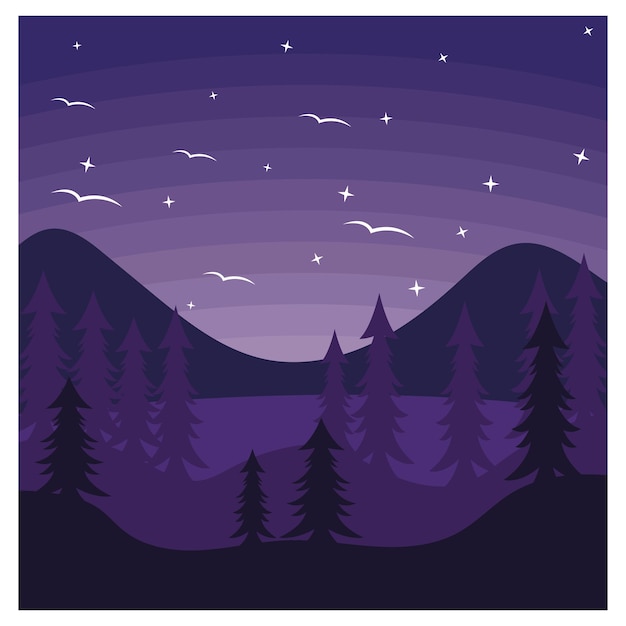 Vector hermoso paisaje de montañas pinos y luna