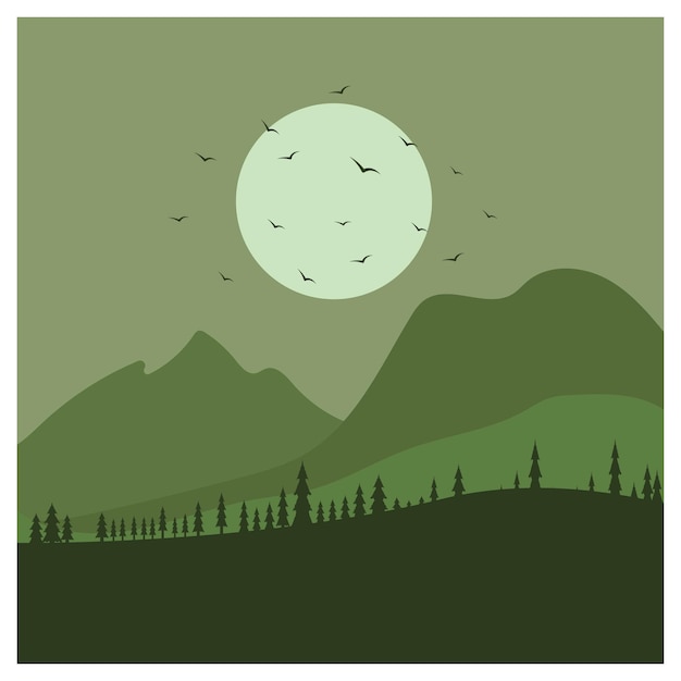 Vector hermoso paisaje de montañas pinos y luna