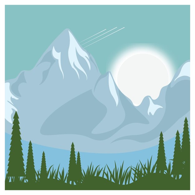 Vector hermoso paisaje de montañas pinos y luna