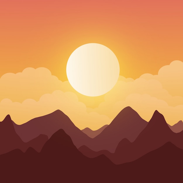 Vector hermoso paisaje montañoso de fondo al atardecer