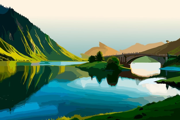 Vector hermoso paisaje natural junto al río con montañas y árboles.