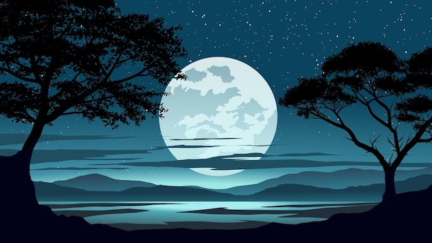 Vector hermoso paisaje nocturno con luna llena y estrellas