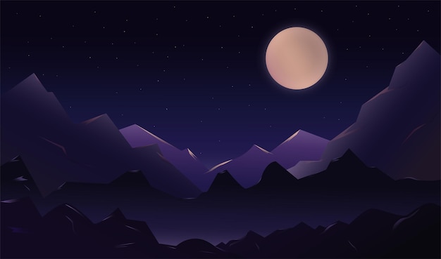 Hermoso paisaje nocturno con luna y montañas.