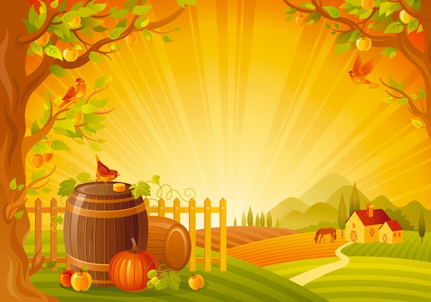 Hermoso paisaje de otoño. Campo de otoño con calabaza y barriles. Ilustración de vector de festival de acción de gracias y cosecha.