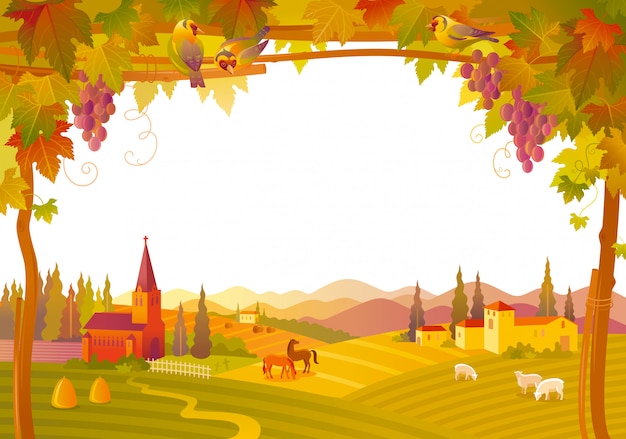 Hermoso paisaje de otoño. Campo de otoño con iglesia, villa, viñedo. Ilustración vectorial