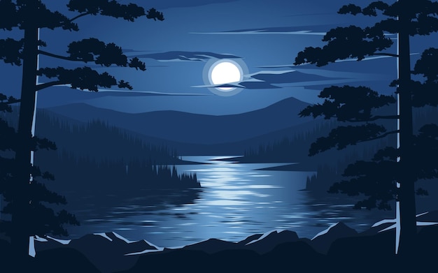 Vector hermoso paisaje relajante de escena nocturna con río y luz de luna