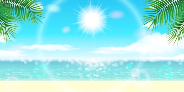 Hermoso paisaje de resort de verano con océano brillante y cielo azul en ilustración 3d
