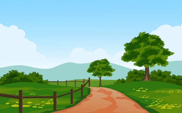 Vector hermoso paisaje rural con camino y valla