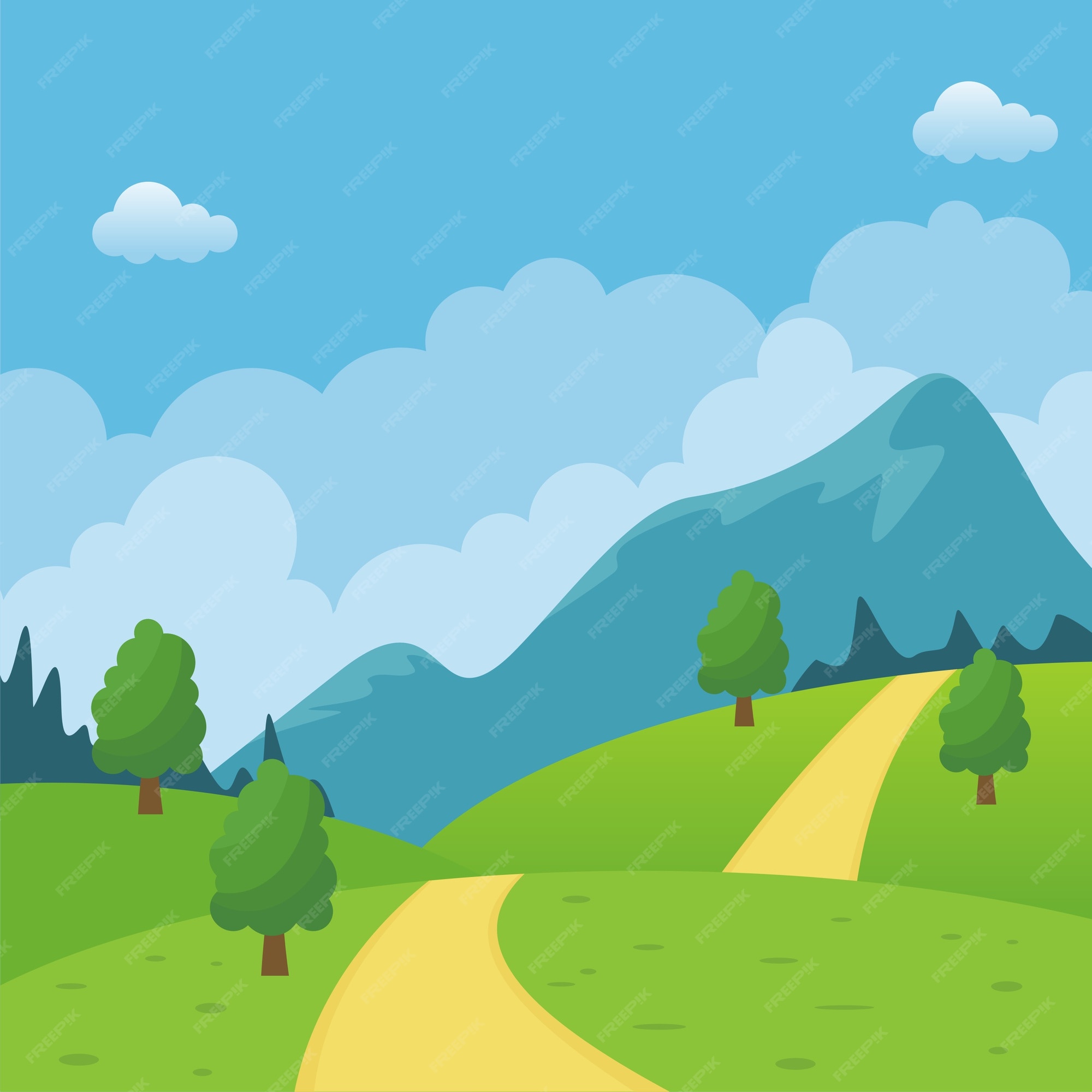 Hermoso paisaje rural de dibujos animados con camino a través de la colina. | Vector Premium Hermoso paisaje rural de dibujos animados con camino a través de la colina. | Vector Premium