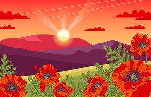 Vector hermoso paisaje de verano por la noche pendiente con amapolas en flor montañas y el cielo del atardecer en las nubes el sol poniente ilustración vectorial para tarjetas de carteles de sitios web de fondo