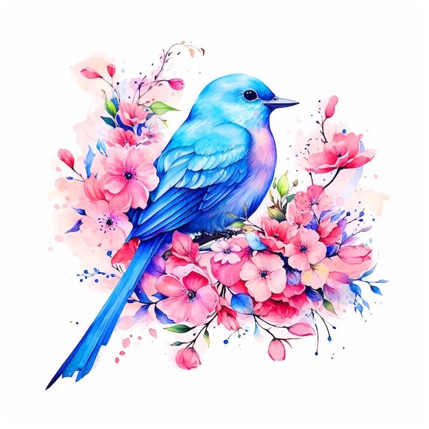 Hermoso pájaro rodeado de flores pintura de acuarela