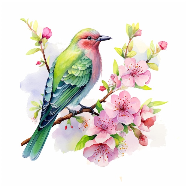 Hermoso pájaro rodeado de flores pintura de acuarela