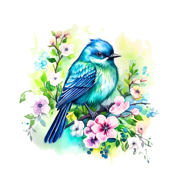 Hermoso pájaro rodeado de flores pintura de acuarela