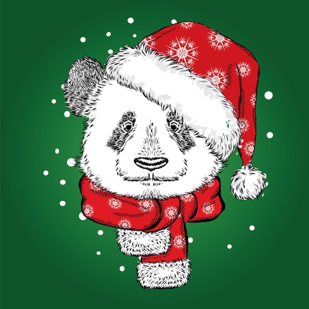 Hermoso panda con sombrero y bufanda de navidad.