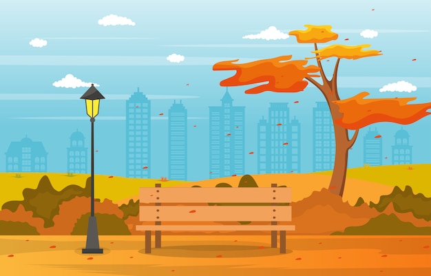 Hermoso parque de la ciudad en otoño otoño con edificio Skyline ilustración