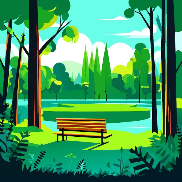 Vector hermoso parque verde cerca del lago con un banco rodeado de árboles ilustración vectorial