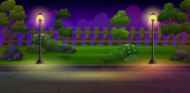 Hermoso patio nocturno con lámpara de jardín, valla de madera, césped verde y árboles ilustración vectorial