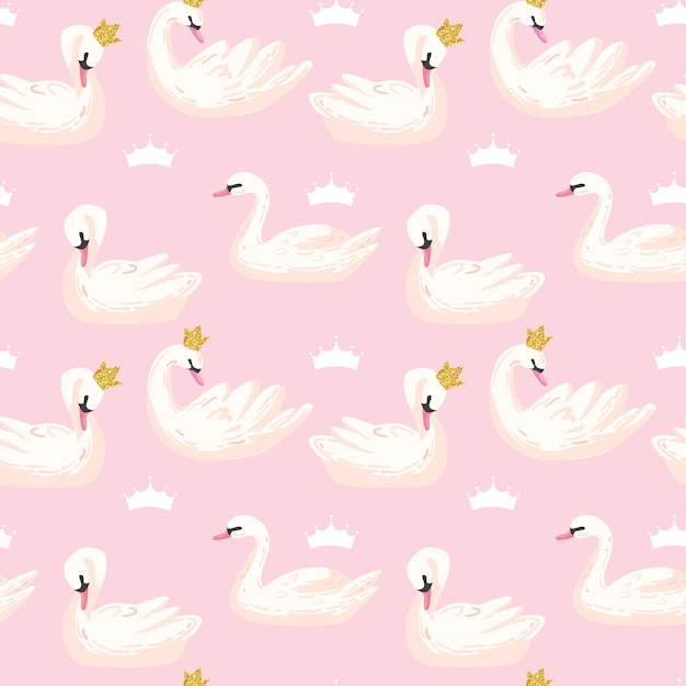 Hermoso patrón sin costuras con cisnes blancos y coronas, uso para fondo de bebé, estampados textiles, cubiertas, papel tapiz, carteles. Ilustración vectorial