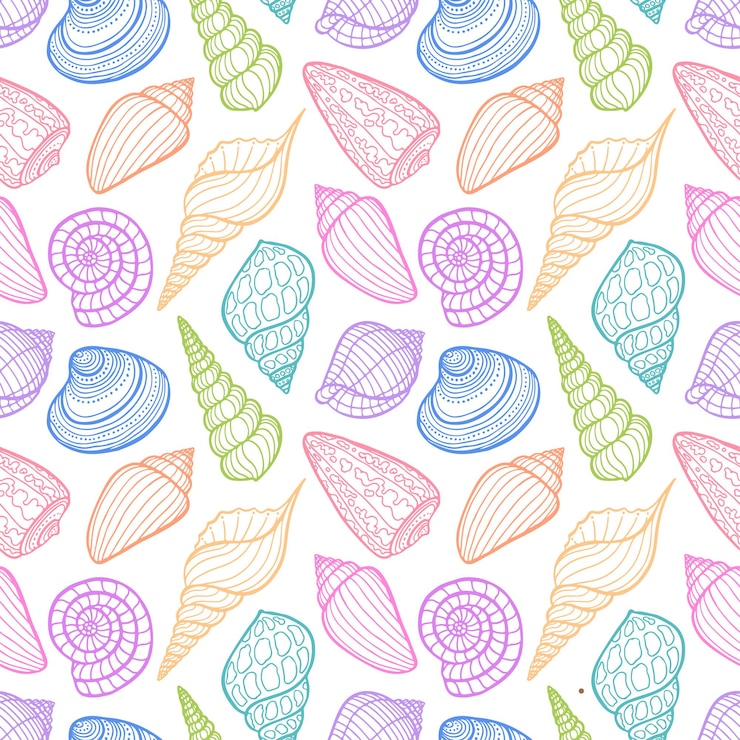 Vector hermoso patrón sin costuras de conchas de colores de dibujo. ilustración dibujada a mano