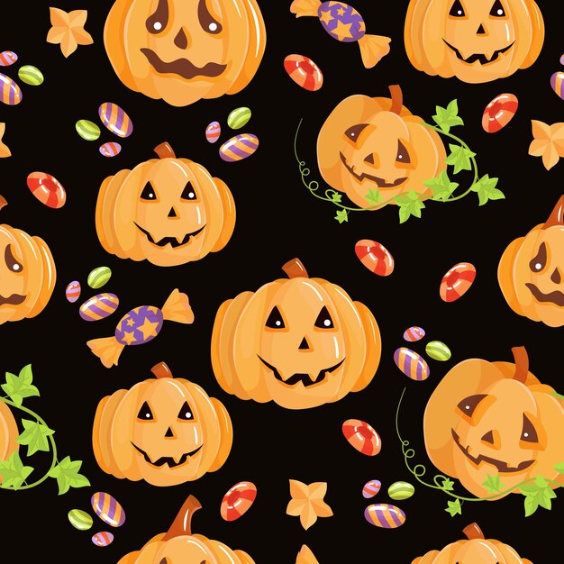 Hermoso patrón sin costuras. Dulces, calabazas, caramelos. Conjunto de elementos para la celebración de Halloween. Ilustración de vector aislado sobre fondo blanco.