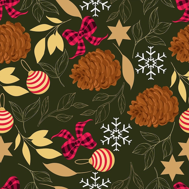 Hermoso patrón sin costuras de Navidad con hojas de oro y adornos navideños