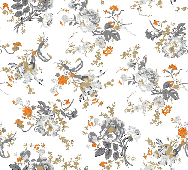 Un hermoso patrón floral repetitivo con ramos de varias flores, incluidas las rosas con m
