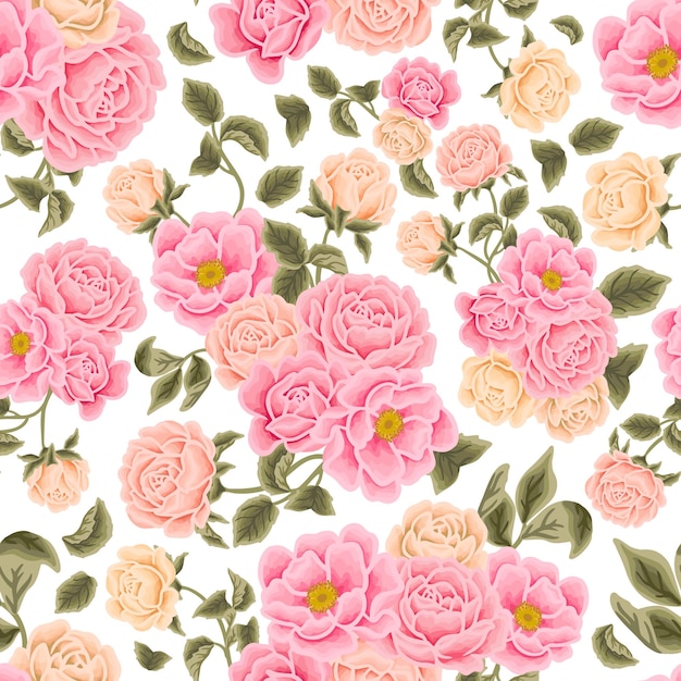 Hermoso patrón floral suave sin costuras con elementos florales de rosas y peonías