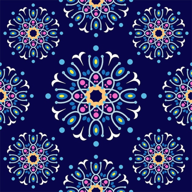 Hermoso patrón de flores de mandala sin costuras Plantilla de diseño floral elegante Ornamento retro enlosable Colorido azul marino rosa beige amarillo