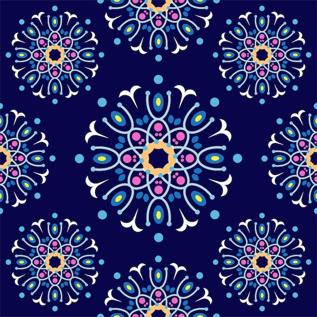 Hermoso patrón de flores de mandala sin costuras plantilla de diseño floral elegante ornamento retro enlosable colorido azul marino rosa beige amarillo