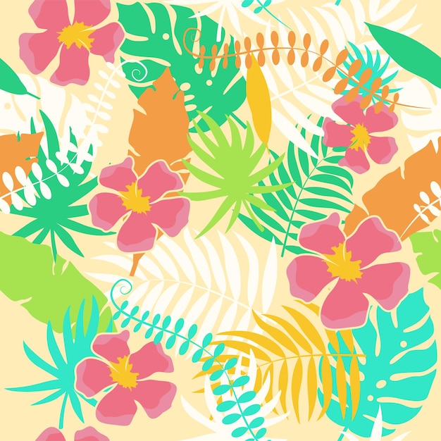 Hermoso patrón de hojas tropicales y flores rosadas sobre fondo blanco Colección botánica vectorial de plantas exóticas en estilo plano