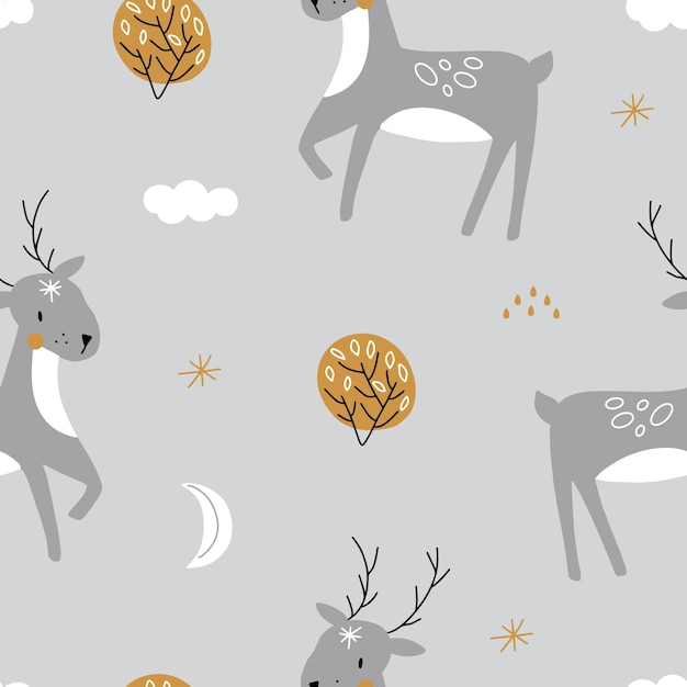 Hermoso patrón navideño sin costuras con magníficos ciervos y copos de nieve. Ilustración vectorial de invierno